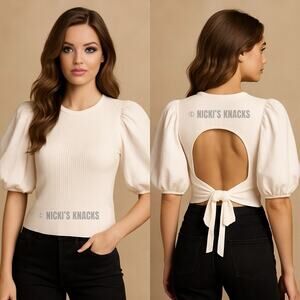 En Saison Maxime Ribbed Cutout Back Puff Sleeve Knit Sweater Top Off White Sze L